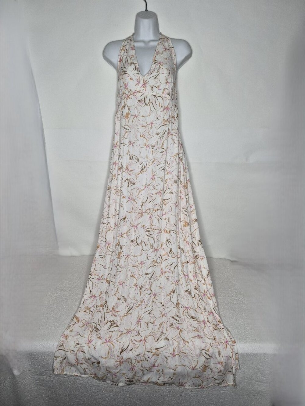 O'Neill Floral Womens L Lined Backless V-Neck Maxi Halter Dress Ivory Pink Brown